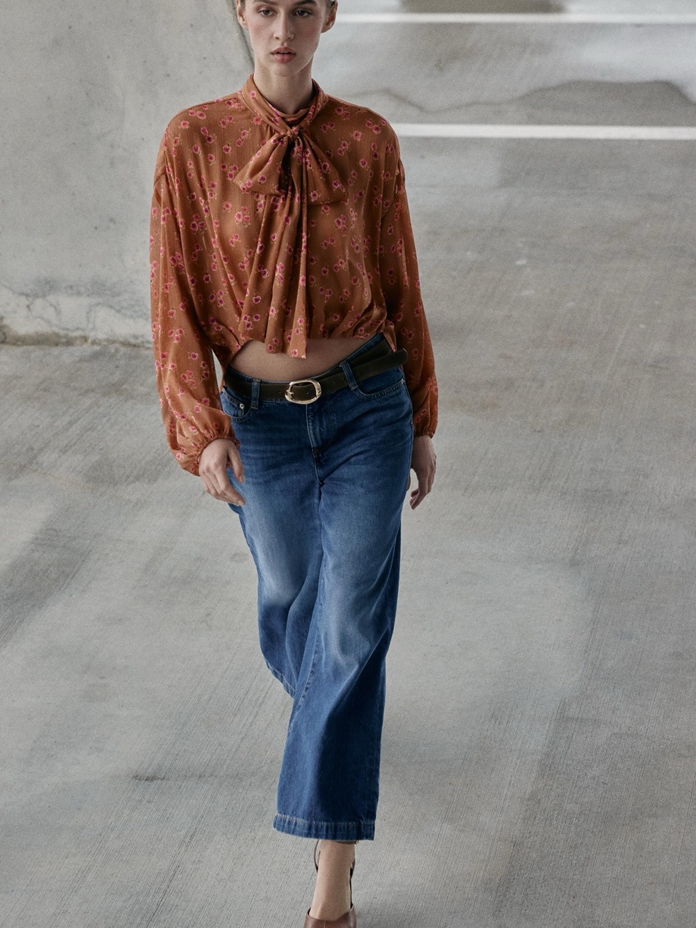 Zara Rust Floral Tie-Neck Blouse